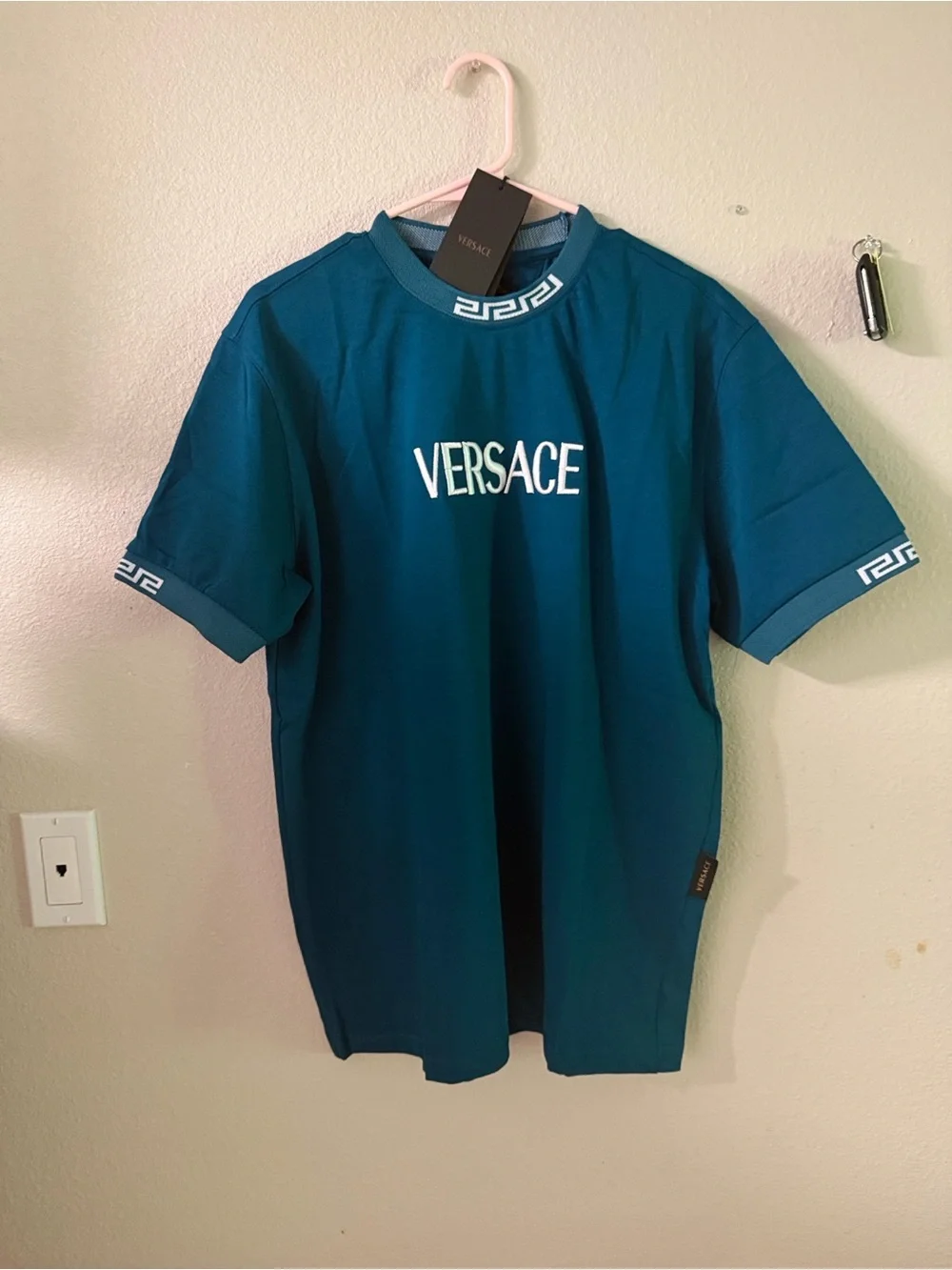 Versace Teal Greek Key Trim Short-Sleeve Logo Tee